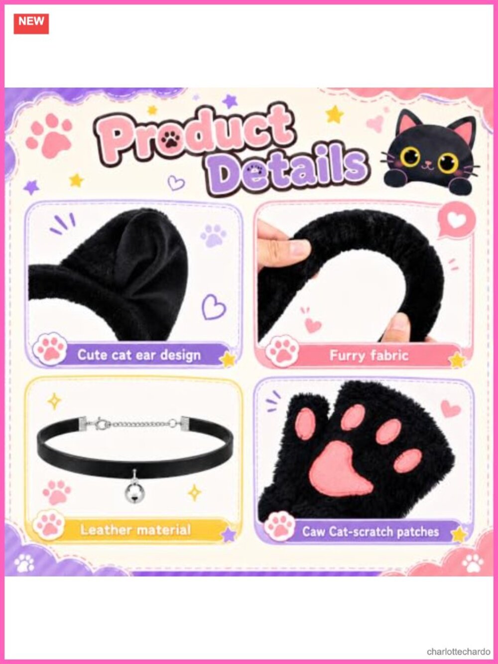 5 Pc Cat Costume Set Plush Ears Bell Choker Furry Gloves Tail Face Stickers - Picture 2 of 6